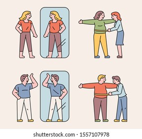 The reflection of myself in the mirror. Character measuring waistline. The difference between men and women. flat design style minimal vector illustration.