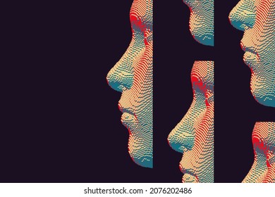 Reflection of oneself. Concept of psychological and mental health issues. Mind opening. Voxel art. 3D futuristic vector illustration of multiple cloned humans. 