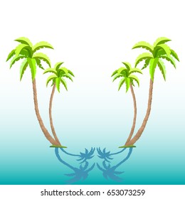 Reflection a pair of palm trees with shadows on light blue gradient background