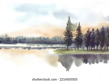 Reflection of pine trees in lake watercolor