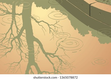 Reflection in a puddle in the rain. Hand drawn engraving. Editable vector vintage illustration. 8 EPS