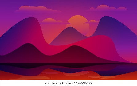 Reflection Purple Colorful Sunset .Abstract Lanscape Hill And River Gradient Vector