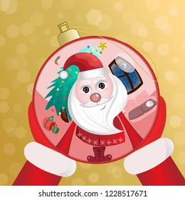 Reflection of Santa Claus in the Christmas ball that holds this ball. Bokeh background. Vector illustration