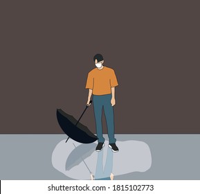 Reflection silhouette in the puddle shadow of Man with face mask standing with transparent-umbrella on the floor after rain.Preventing Covid-19 Coronavirus Pandemic Outbreak Outdoors.
