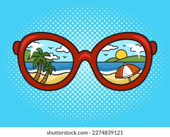 Reflexion des Sommers Meer Strand und Palmen in Frauen Sonnenbrillen Pinup Pop Art Retro Vektorgrafik. Comic-Buchstil-Imitation.