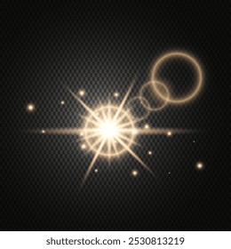Reflection of sunlight or light glare with flickering elements on a dark background. Vector illustration.