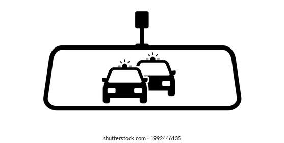 Reflection Of Traffic Flow. Car Rear View Mirror. View Mirror Car. Pursuit, Police Car With Lights And Siren Is Chasing You. Police Traffic Stop Pictogram Or Icon. Vector Cars On The Highway. 