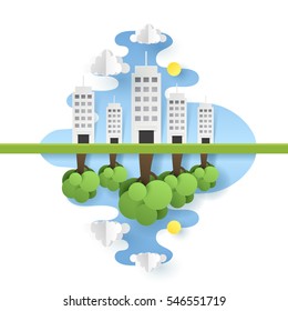 Reflection of tree and building on water, paper art concept and world sustainable environment friendly idea, vector art and illustration.