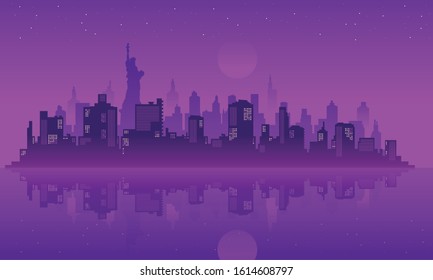 Reflections of the vector city silhouette in Liberty New York