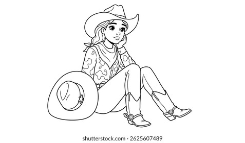 Reflective Cowgirl Coloring Page Line Art Seated Calmly Hat Resting In Lap Contemplative Western Scene Drawing Mood