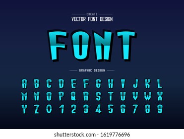 Reflective font and cartoon alphabet vector, Gradient tall typeface letter and number design, blue graphic text on background