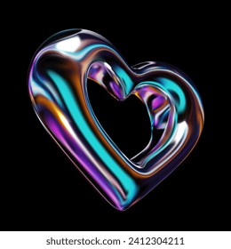 Reflective holographic 3D heart in Y2K style. Shiny metallic fluid surface with neon rainbow gradient. Trendy element for retro-futuristic and cyber-themed designs. Isolated vector illustration