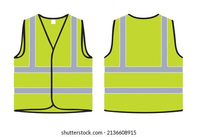 Reflective Jacket Or Safety Vest Vector Illustration, Yellow Safety Jacket Front And Back Realistic View, Reflected Yellow Jacket Front View For Mockup Design