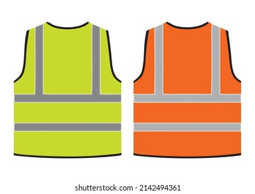 Reflective Jacket Or Safety Vest Vector Illustration, Yellow And Orange  Safety Jacket Back Realistic View, Reflected Jacket Back View For Mockup Design