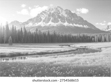 reflective lake beneath mountain and forest in monochrome halftone texture with serene wilderness mood and retro scenic charm