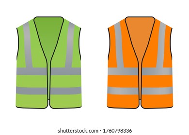 Reflective safety vest for people. Orange or green construction jacket. Clothing form or safety cloth, fluorescent wear for worker. Warning equipment for road. 