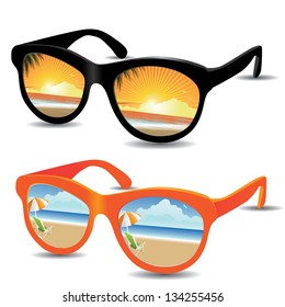 Reflective sunglasses with beach sunrise/sunset and sunny day. EPS 8 vector, grouped for easy editing. No open shapes or paths.
