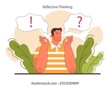 Reflective thinking. Critical thinking skill, reflecting on experiences and learnings. Strategic decision-making, brainstorming and solution research. Flat vector illustration