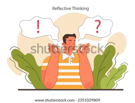 Reflective thinking. Critical thinking skill, reflecting on experiences and learnings. Strategic decision-making, brainstorming and solution research. Flat vector illustration