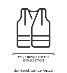 Reflective vest pixel perfect linear icon. Visible uniform for miners. Personal protection. Heavy industry equipment. Thin line illustration. Contour symbol. Vector outline drawing. Editable stroke