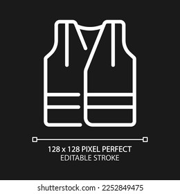 Reflective vest pixel perfect white linear icon for dark theme. Visible uniform for miners. Heavy industry equipment. Thin line illustration. Isolated symbol for night mode. Editable stroke