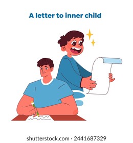 Reflective writing concept. Individual composes heartfelt letter to their inner child, fostering self-understanding and emotional healing. Journey of introspection and care. Vector illustration