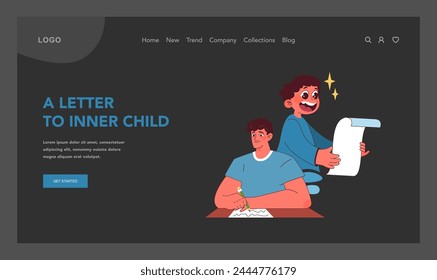 Reflective writing concept. Individual composes heartfelt letter to their inner child, fostering self-understanding and emotional healing. Journey of introspection and care. Vector illustration