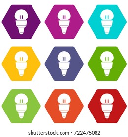 Reflector bulb icon set many color hexahedron isolated on white vector illustration