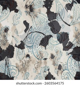 reflects the intricate and flowing arrangement of the vintage paisley motifs. The paisley motifs in black and blue tones create a dynamic structure and move in harmony with the white 