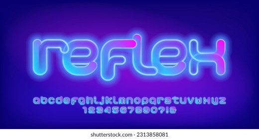 Reflex alphabet font. Neon glow futuristic letters and numbers. Stock vector typeface for your design.
