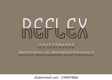 Reflex artistic display font. Bisected white black letters, numbers and currency signs. Isolated english alphabet. Vector creative lettering.