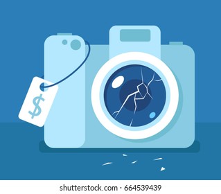 Reflex camera with broken lens. Sharp splinters. Not a guarantee case. Protect from children. Fragile glass. Compensation for damage. Cost of repairs. Buy for a song, for parts.
