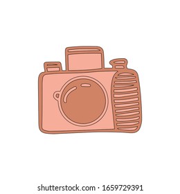 Reflex camera in cartoon style isolated on white background. Sign icon. Vector simple illustration. Usable as icon or symbol. Decoration element. Hand drawn black sketch.