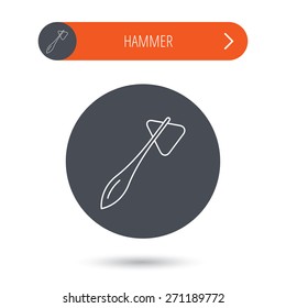 Reflex hammer icon. Doctor medical equipment sign. Nervous therapy tool symbol. Gray flat circle button. Orange button with arrow. Vector