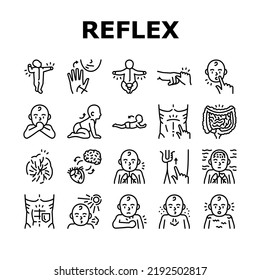 Reflex Of Human Neurology System Icons Set Vector. Cremasteric And Gastrocolic, Asymmetrical Tonic Neck And Palmar Grasp Reflex. Muscular Defense And Photic Sneeze Black Contour Illustrations