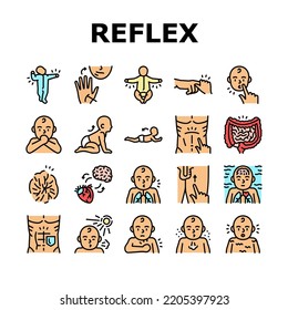 Reflex Of Human Neurology System Icons Set Vector. Cremasteric And Gastrocolic, Asymmetrical Tonic Neck And Palmar Grasp Reflex. Muscular Defense And Photic Sneeze Color Illustrations