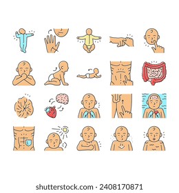 Reflex Of Human Neurology System Icons Set Vector. Cremasteric And Gastrocolic, Asymmetrical Tonic Neck And Palmar Grasp Reflex. Muscular Defense And Photic Sneeze Color Illustrations