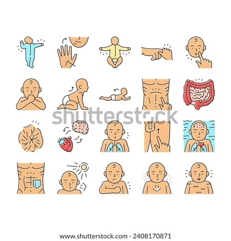 Reflex Of Human Neurology System Icons Set Vector. Cremasteric And Gastrocolic, Asymmetrical Tonic Neck And Palmar Grasp Reflex. Muscular Defense And Photic Sneeze Color Illustrations