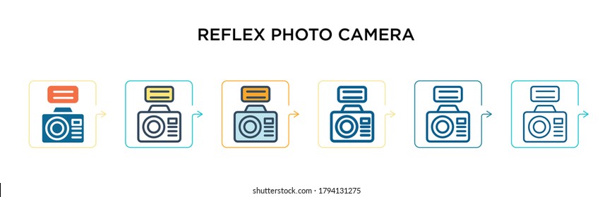 Reflex photo camera vector icon in 6 different modern styles. Black, two colored reflex photo camera icons designed in filled, outline, line and stroke style. Vector illustration can be used for web,