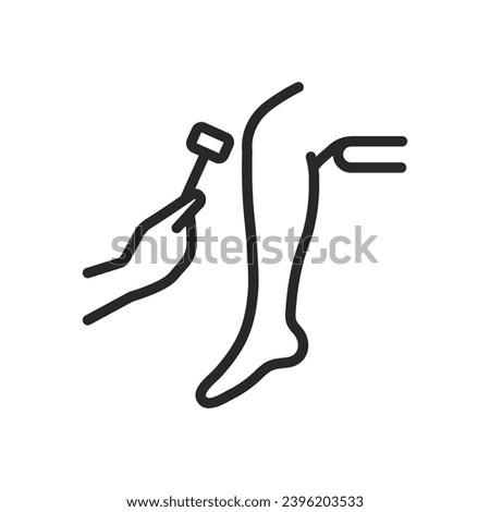 Reflex Test Icon. Thin Line Illustration of Neurological Knee Jerk Assessment with Reflex Hammer for Medical and Healthcare Use. Isolated Outline Vector Sign.
