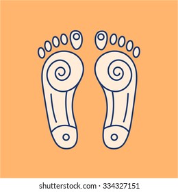 Reflex therapy energy zones on feet colored linear icon on orange background | flat design alternative healing illustration and infographic