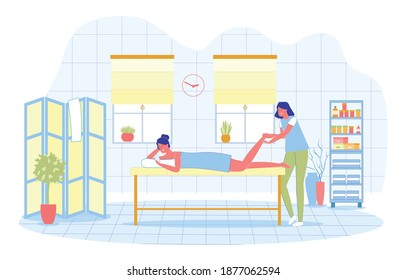 Reflexogenic Foot Massage in Modern Spa Salon. Woman in Medical Uniform Massages Foot Girl who, during Procedure, have Fun on her Smartphone. Paper Blinds Cover on Window sill Flower Pots.