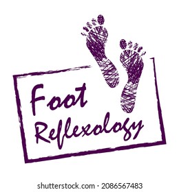 Reflexology concept. Silhouette of feet in violet on white background  in sketch style. Foot massage logo in violet for your web site design,  app, UI. Stock vector. EPS10.