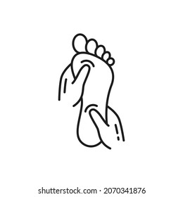 Reflexology foot massage isolated outline icon. Vector reflexing points on feet, pedicure, woman legs massage, footcare cosmetics, barefoot lady hygiene procedure. Foot treatment, japanese shiatsu
