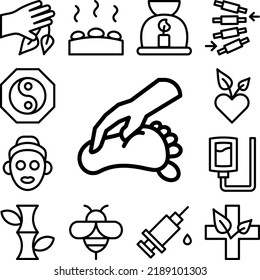 Icono de dedo de pie de la reflexología en una colección con otros elementos