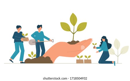 Reforestation concept. Forest restoration, reforestation planting trees, environment day. Characters seedling garden. Vector volunteer gardening plant. Environmental agriculture save earth ecology.