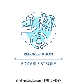 Icono de concepto de reforestación. Ilustración de la línea delgada de la idea abstracta del beneficio de la compensación de carbono. Plantar nuevos árboles en zonas agotadas. Dibujo de color de contorno aislado del vector. Trazo editable