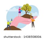 Reforestation concept illustration. Planting trees and sustainable energy poster asset.