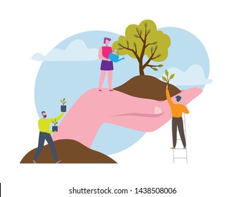 Reforestation concept illustration. Planting trees and sustainable energy poster asset.