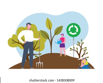 Reforestation concept illustration. Planting trees and sustainable energy poster asset.